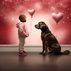 Valentine's Day, charming African American boy with his faithful friend dog. Colorful background,...