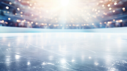 Empty ice skating arena. Festive background with lights reflecting on the surface of the ice on the skating rink. Winter holidays theme. Bokeh lights. Copy space. - obrazy, fototapety, plakaty