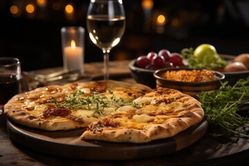 A four cheese pizza in a wine tasting scenario in a winery., generative IA