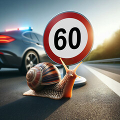 Speed limit concept, low angle close view of a snail on asphalt in front of speed limit sign showing 60 easily erasable), a blurry police car in the background.