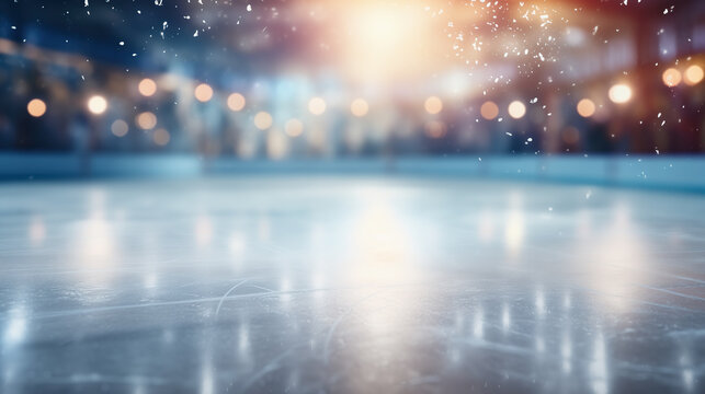 Closeup of the empty skating rink with blurry bokeh lights. Festive background, scratched surface of the ice skating arena with skate marks. Christmas holidays theme. Copy space.