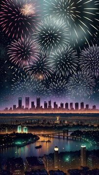 Fireworks explode in the night sky over the city, festive atmosphere