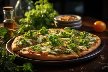 A pizza of pesto with vibrant green sauce served in a modern kitchen., generative IA
