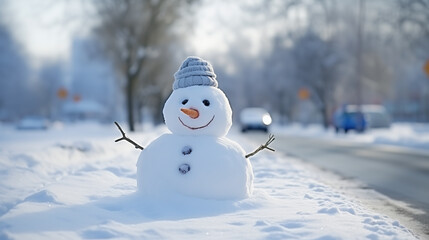 Happy, smiling little snowman on the side of the snowy street in the city on a cold, sunny winter day. Winter holiday, Christmas, New Year theme. Funny showman giving holiday greetings. - obrazy, fototapety, plakaty