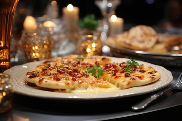 A vanilla pudding pizza at a formal dinner with silver cutlery., generative IA