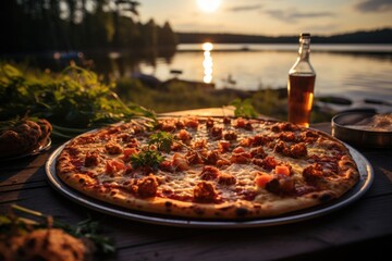 A vanilla pudding pizza on a picnic on the edge of a lake., generative IA