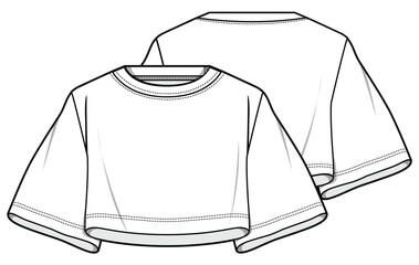Flared Short Sleeve Oversized Crop T-Shirt Top, Gym Oversized Crop Top Front and Back View. Fashion Flat Sketch Vector Illustration, CAD, Technical Drawing, Flat Drawing, Template, Mockup.