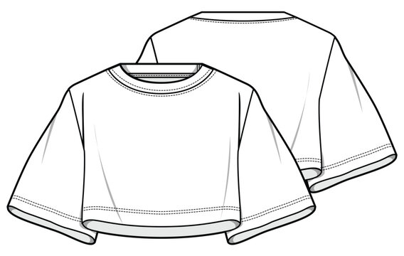 recommend clip art: Flared Short Sleeve Oversized Crop T-Shirt Top, Gym Oversized Crop Top Front and Back View. Fashion Flat Sketch Vector Illustration, CAD, Technical Drawing, Flat Drawing, Template, Mockup.