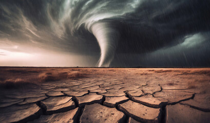 Big tornado storm above the desolate land. Dry cracked ground field and weather disasters caused by the global climate change. Environmental problem concept - obrazy, fototapety, plakaty