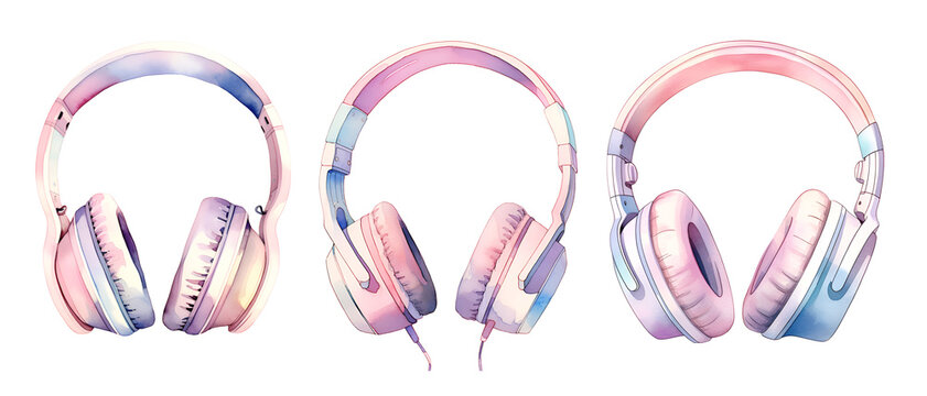 Headphones, watercolor clipart illustration with isolated background.