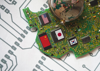 Semiconductor chip, processor or CPU producer countries of the World. Flags of USA, Japan, China...