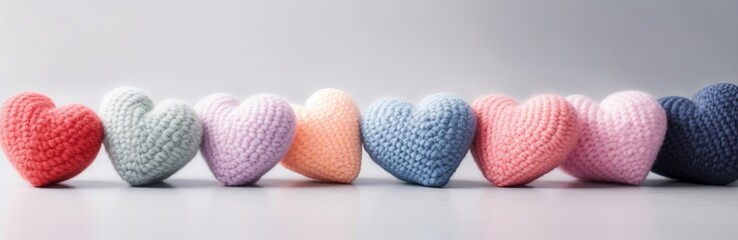 colorful knitted hearts with colored background for valentine's day, babyshower, presentation