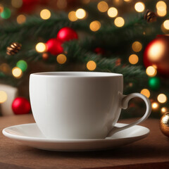 Coffee Cup Against a Cozy and Blurry Christmas Backdrop