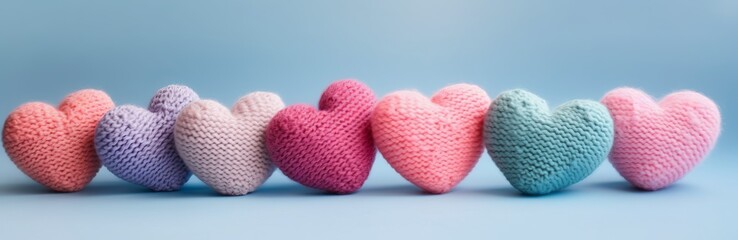 colorful knitted hearts with colored background for valentine's day, babyshower, presentation