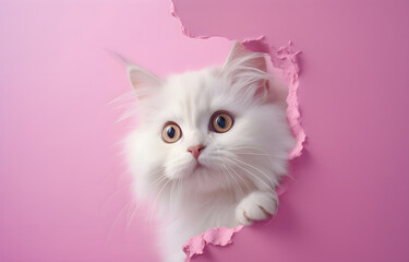 Lovely fluffy cat climbs out of hole in colored pastel background