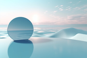 Landscape, graphic resources concept. Abstract and surreal background of glass mirror object placed in water. Futuristic and minimalist landscape view. Blue and pink pastel colored