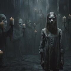 a girl standing in a room with many candles