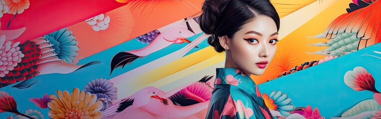 Asian fashionista against vibrant backdrop