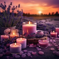 Obraz na płótnie Canvas a group of candles and lavender flowers