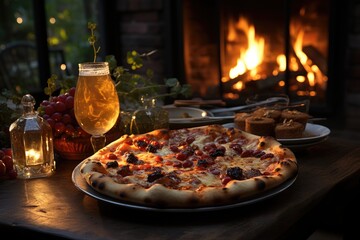 A dessert pizza in a cozy coffee with fireplace., generative IA