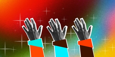 Raised human hands over gradient colorful background. People attending concert, dancing, singing....