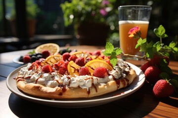 A fruit pie pizza on a brunch on the terrace overlooking a garden., generative IA