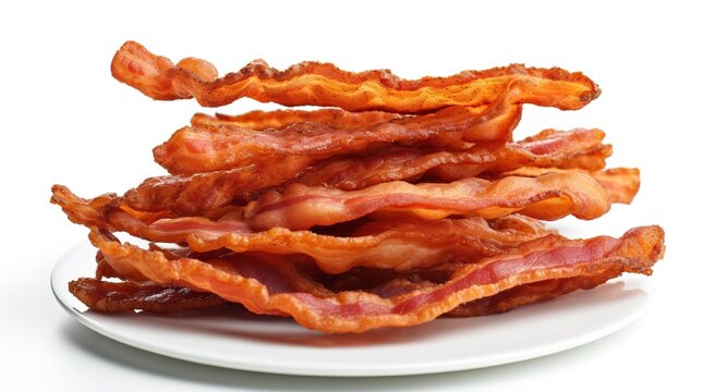 Crispy fried bacon strips, a salty and fatty American breakfast staple, isolated on a white background