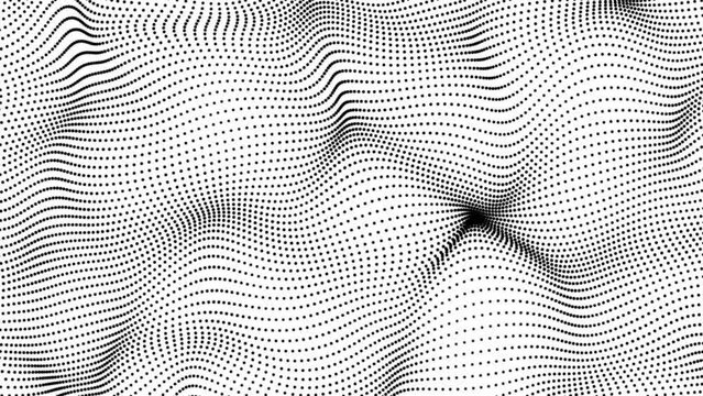 Abstract black color dots particles flowing wave animated pattern halftone gradient curve shape isolated on white background