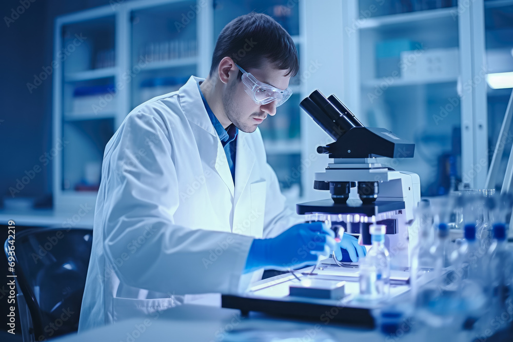 Poster scientist working with microscope in laboratory. science research and development concept.