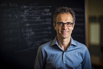 Portrait of a smiling teacher standing in front of a blackboard