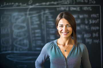 Portrait of a smiling teacher standing in front of a blackboard - obrazy, fototapety, plakaty