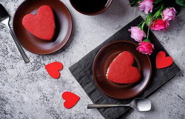 Red velvet whoopie pies in the form of heart for Valentine's day in a plate