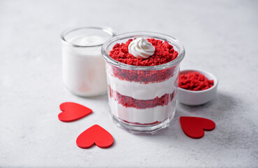 Red velvet greek yogurt parfait in a glass for Valentine's day holiday