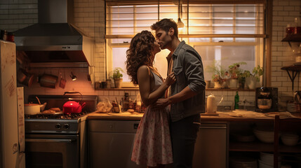 romantic couple kissing in modern kitchen, valentines day, love concept - obrazy, fototapety, plakaty