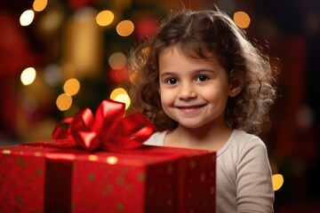 A little girl holding a red gift box. Generative AI.