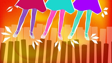 Women in dresses and hills dancing on silhouette of piano keys over gradient background. Festival....