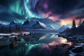 green northern lights. polar landscape with beautiful multicolored sky and mountains. without people.