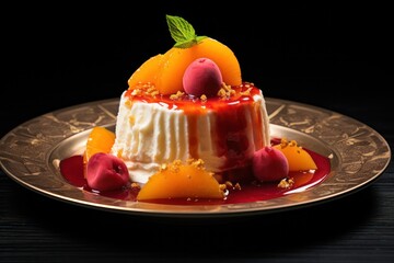 peach melba dessert on golden plate closeup view