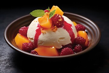 peach melba dessert closeup