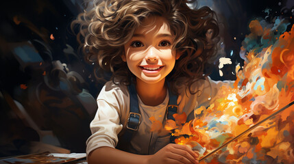 Naklejka premium Visual representation of young child immersing herself in art-related activities, AI Generated
