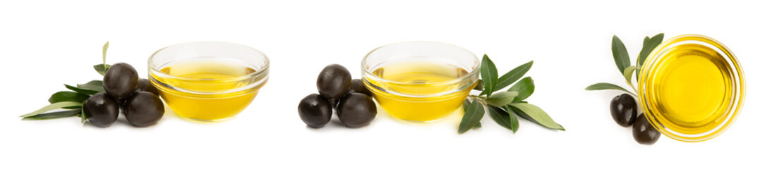 Bowl of fresh olive oil and olives with leaves isolated on white background. Delicious olive oil in...