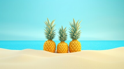Pineapples On The Tropical Beach Blue Background.  Generative AI.