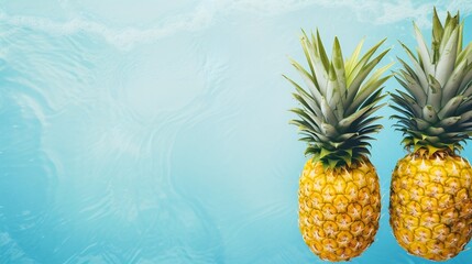 Pineapples On The Tropical Beach Blue Background.  Generative AI.