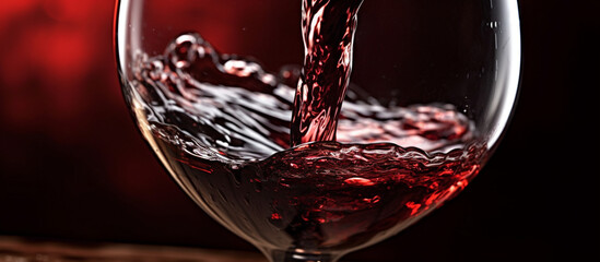 Wine Art: Fascinating Detail of Red Wine Poured into the Glass, Exploring the Magic of Flavors.
The Charm of Red Wine, An Engaging Close-up That Reveals All Its Elegance. - obrazy, fototapety, plakaty