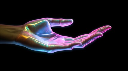Iridescent Hand Reaching Out On Black Background.  (Generative AI).