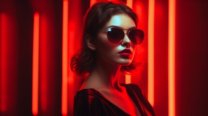 Woman With Sunglasses In Red Light Infrared Therapy Room.  (Generative AI).