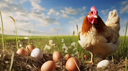 Hen With Eggs On A Natural Meadow In Organic Farm.  (Generative AI). - Powered by Adobe