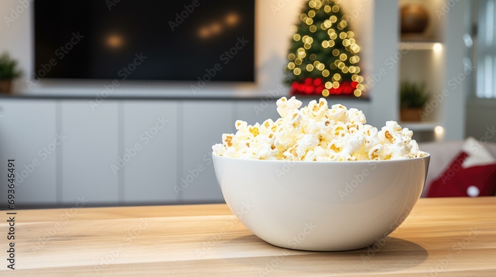 Poster a festive bowl of popcorn sits on a table in front of a christmas tree. generative ai.