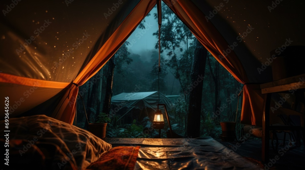 Aufkleber a tent with a bed and a lantern in the middle of the forest. generative ai.