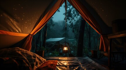 A tent with a bed and a lantern in the middle of the forest. Generative AI.